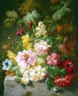 A still life with roses, marigolds and daffodils