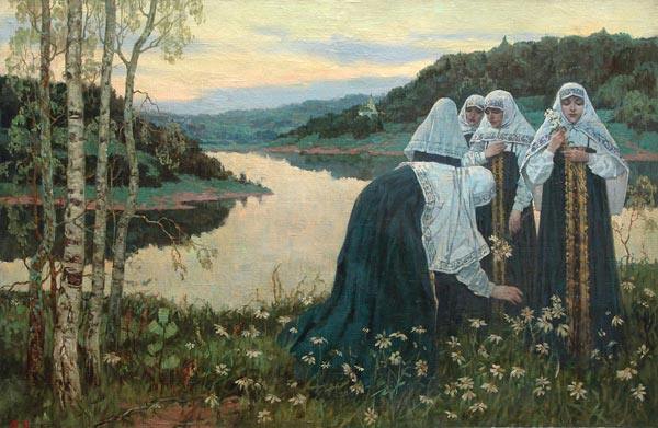 берег река береза дерево послушница монастырь женщина монахиня