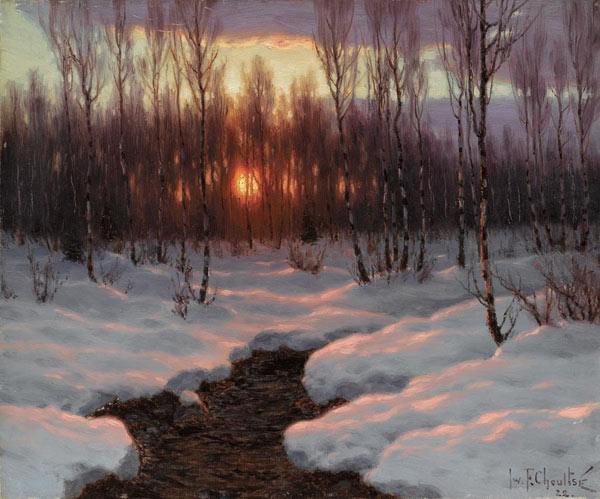 зима солнце вечер дерево река ручей снег
