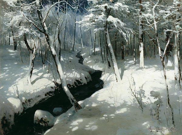 зима лес ручей снег дерево