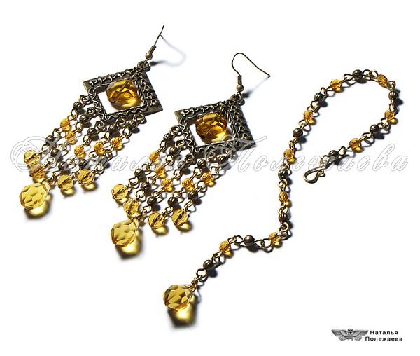 комплект, серьги, браслет, эксклюзивные украшения, желтый, бронзовый
