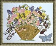   ,   . Basket with flowers, berries and a butterfly.