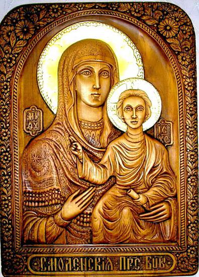 деревянная православная резная икона,Смоленская Богородица.